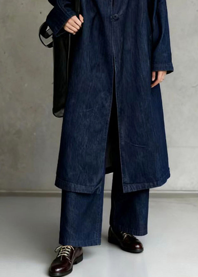 Navy Oversized Side Open Denim Two Piece Suit Set Spring