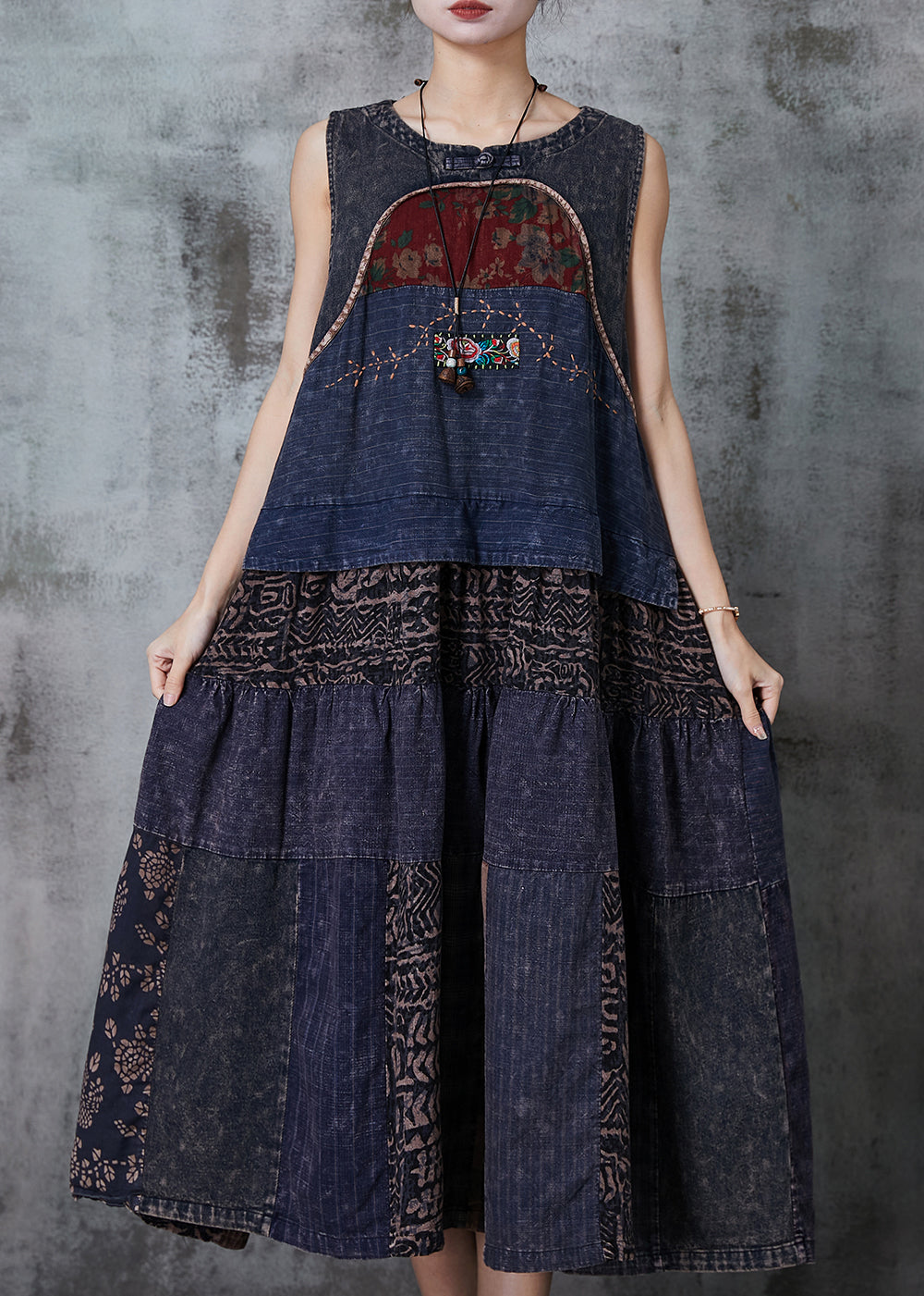 Navy Patchwork Denim National Style Dresses Spring