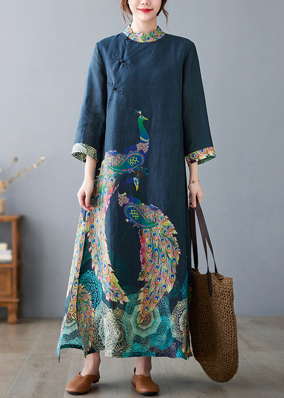 Navy Peacock Print Side Open Linen Long Dress Bracelet Sleeve