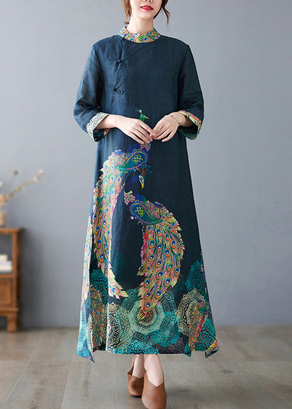 Navy Peacock Print Side Open Linen Long Dress Bracelet Sleeve