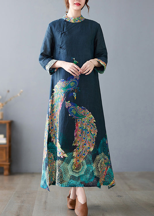 Navy Peacock Print Side Open Linen Long Dress Bracelet Sleeve