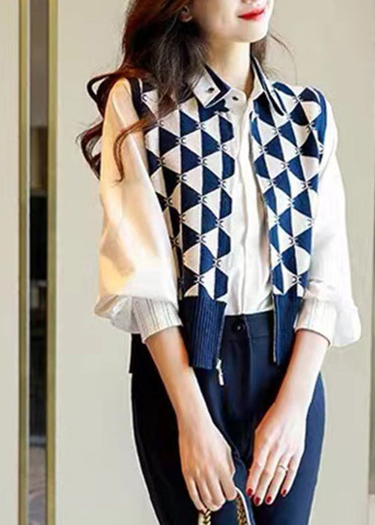 Navy Peter Pan Collar Asymmetrical Knit Waistcoat Sleeve