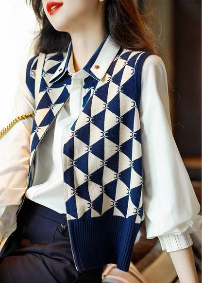 Navy Peter Pan Collar Asymmetrical Knit Waistcoat Sleeve