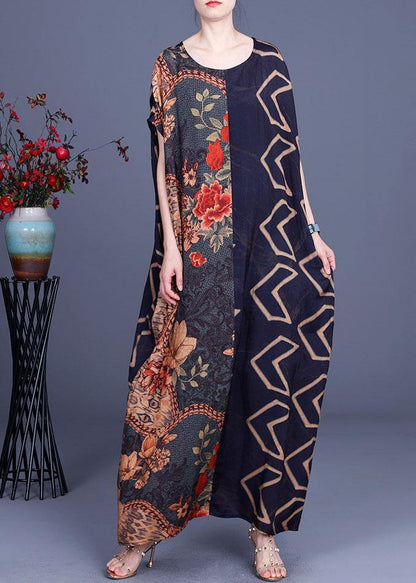 Navy Print Patchwork Batwing Sleeve Silk Long Dress Summer