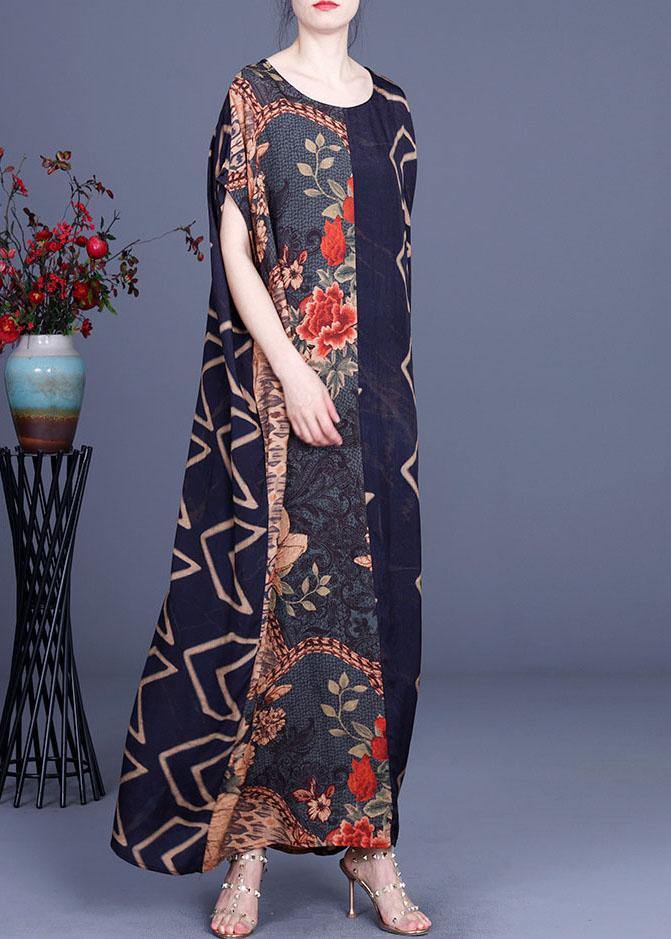 Navy Print Patchwork Batwing Sleeve Silk Long Dress Summer