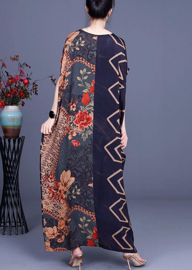 Navy Print Patchwork Batwing Sleeve Silk Long Dress Summer