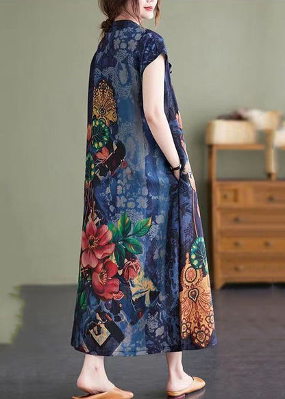 Navy Stand Collar Side Open Print Cheongsam Dresses Short Sleeve