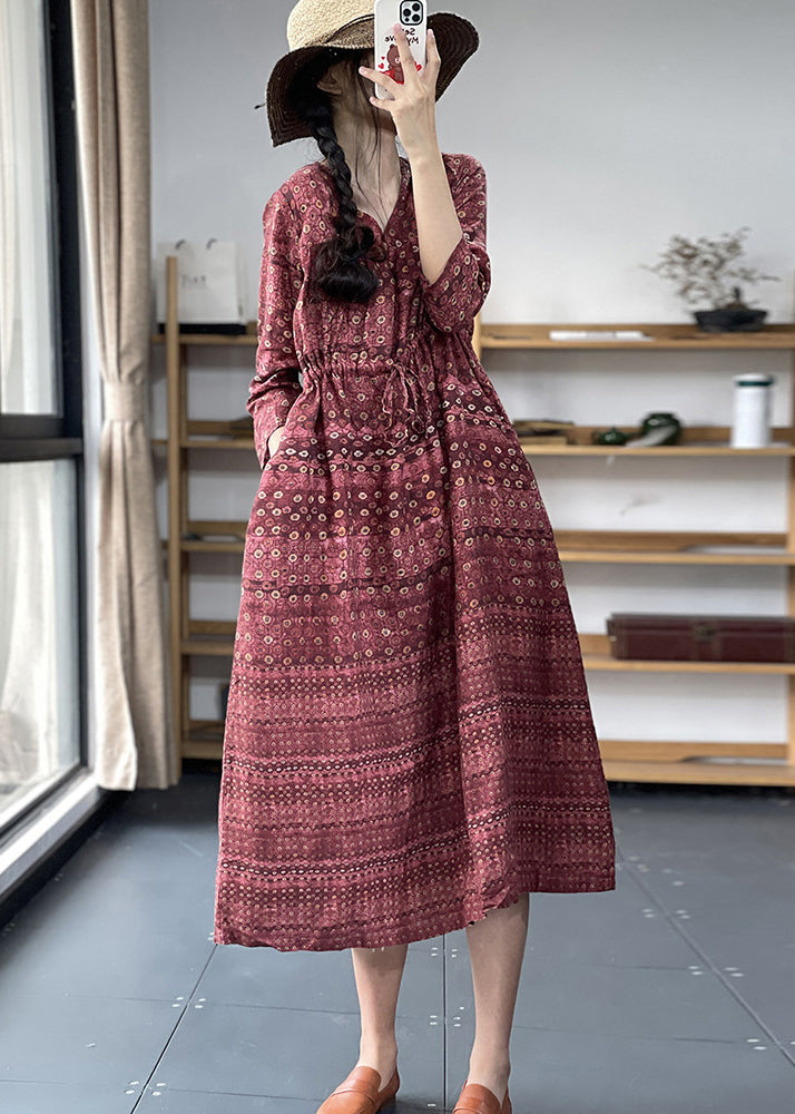 Navy V Neck Cinched Print Linen Long Dress Short Sleeve