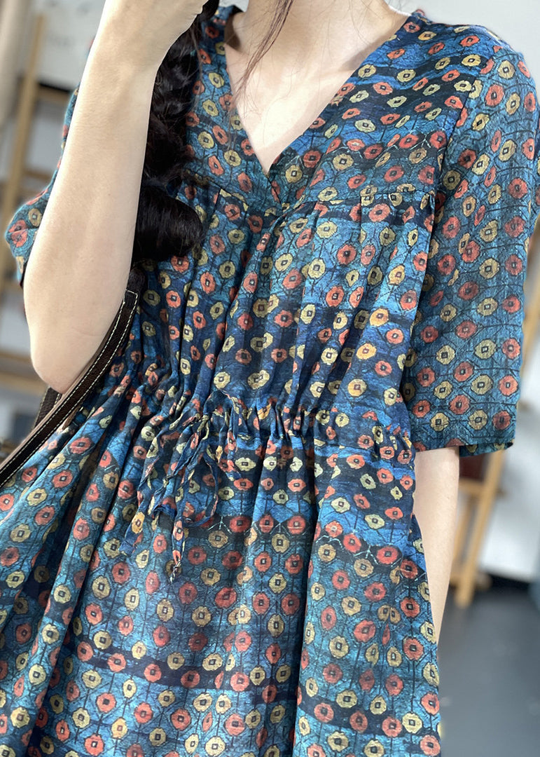 Navy V Neck Cinched Print Linen Long Dress Short Sleeve