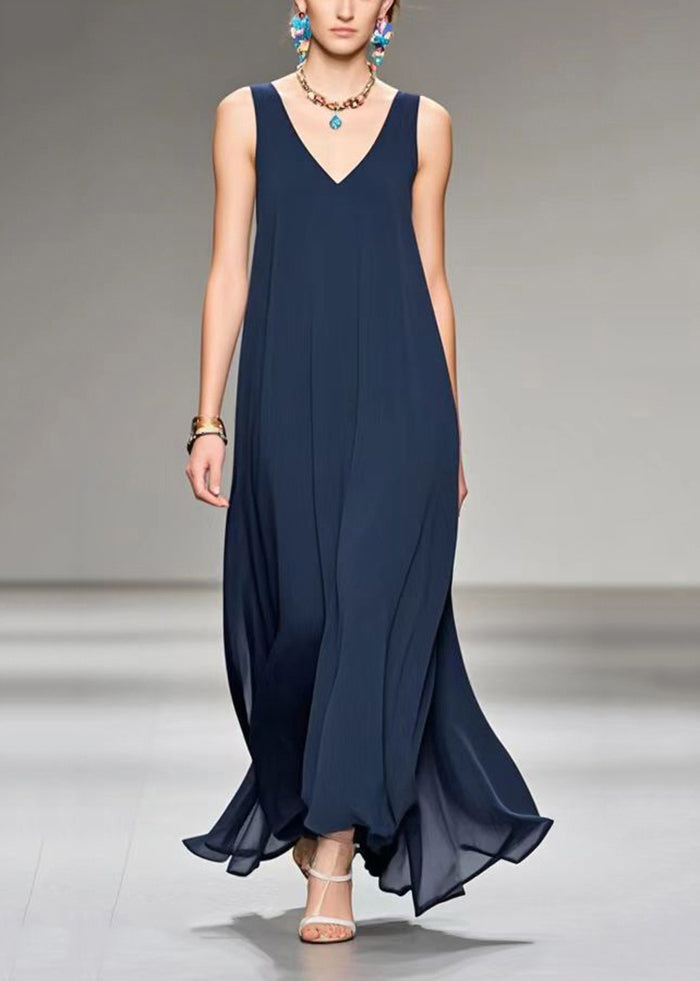 Navy V Neck Draping Chiffon Cami Dress Sleeveless