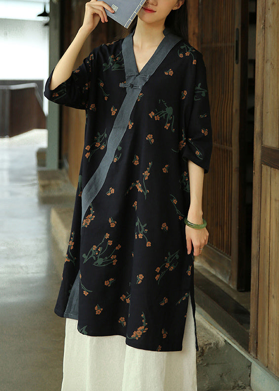 Navy V Neck Print Patchwork Cotton Dress Half Sleeve