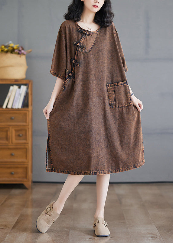 O-neck Button Side Open Denim Long Dresses Short Sleeve
