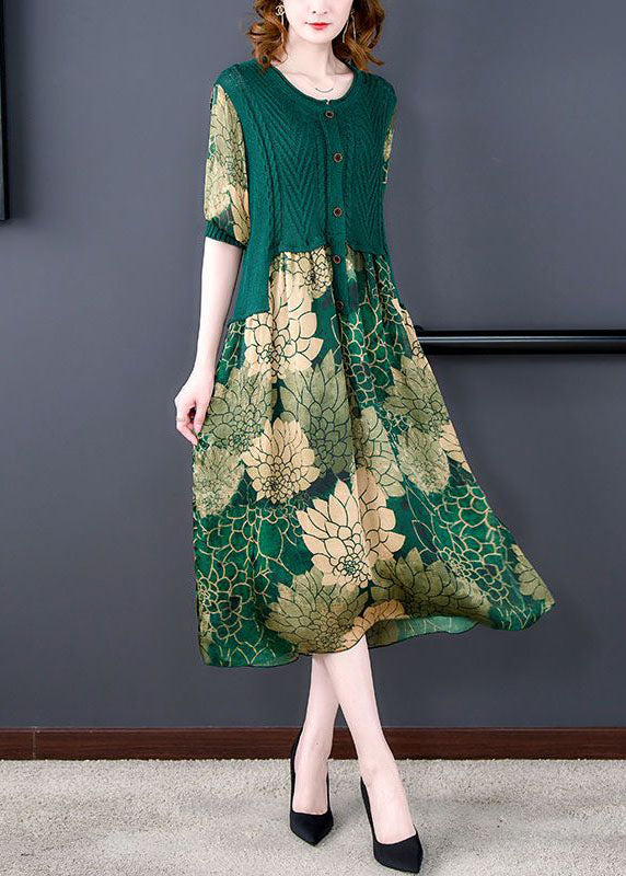 O-neck Green Knit Patchwork Print Silk Dresses Summer
