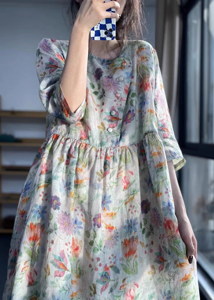 O Neck Print Patchwork Cotton Dress Bracelet Sleeve