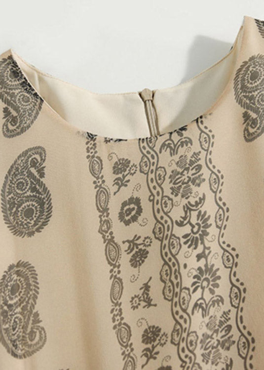 O-neck Print Patchwork Zippered Silk Long Dresses Half Sleeve