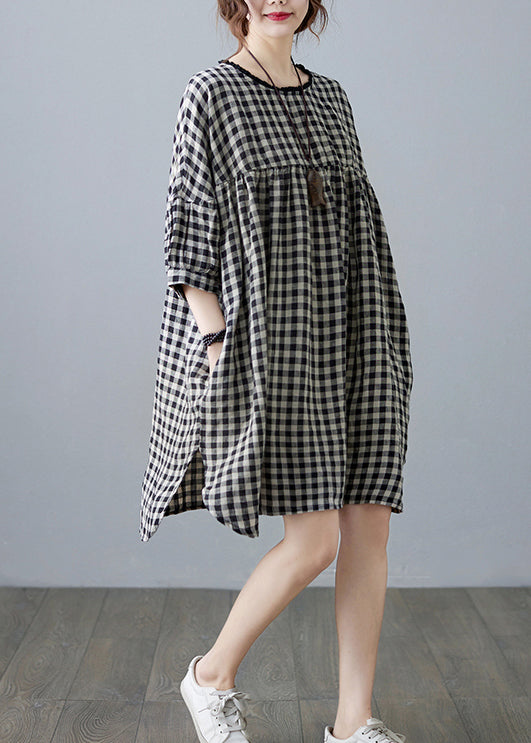 O-neck Wrinkled Pocket Blue Linen Loose Dresses Half Sleeve
