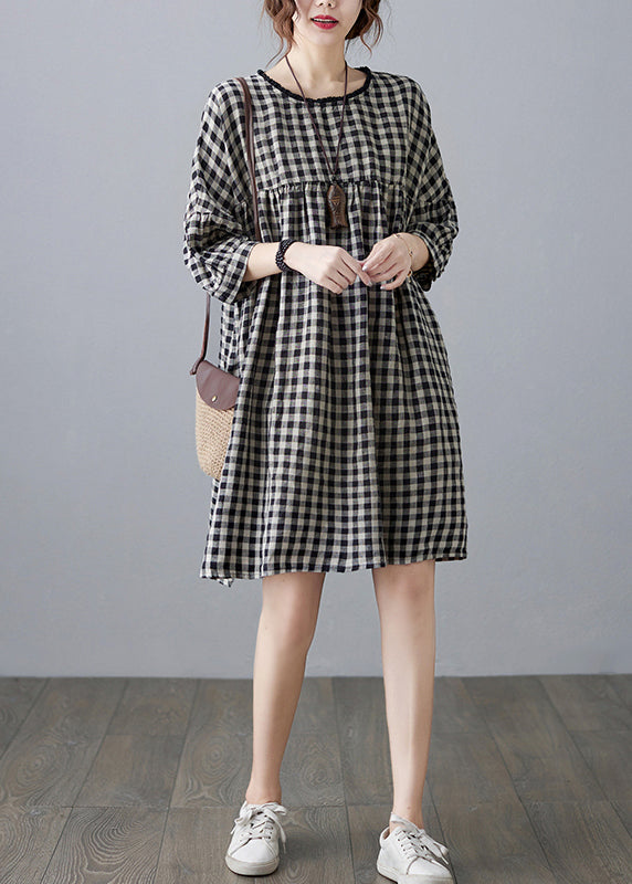 O-neck Wrinkled Pocket Blue Linen Loose Dresses Half Sleeve