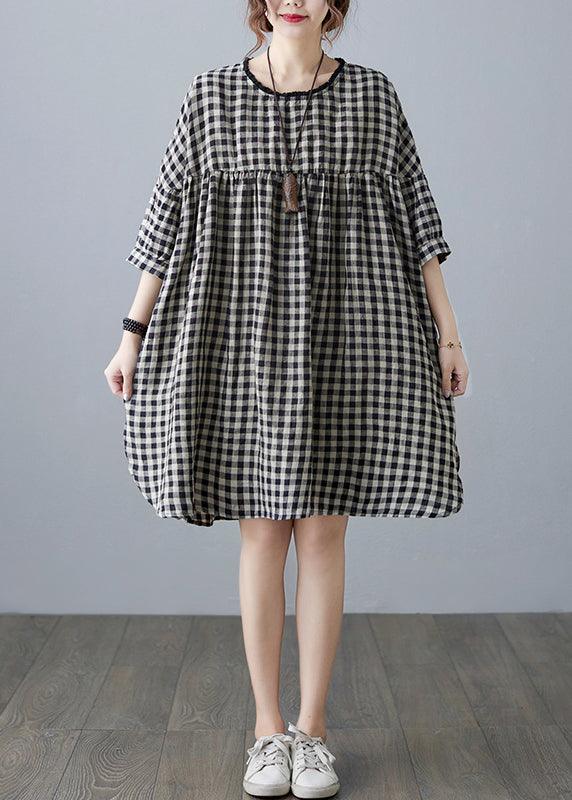 O-neck Wrinkled Pocket Purple Linen Loose Dresses Half Sleeve