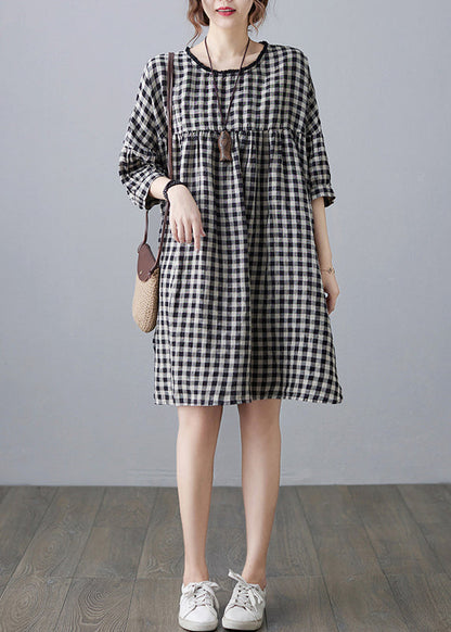 O-neck Wrinkled Pocket Plaid Linen Loose Dresses Half Sleeve