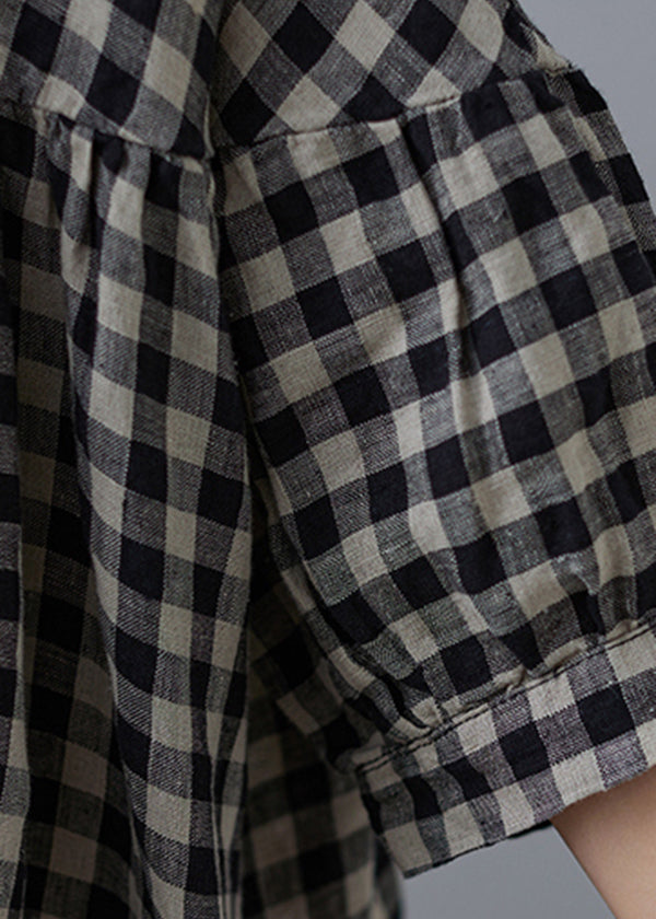 O-neck Wrinkled Pocket Plaid Linen Loose Dresses Half Sleeve