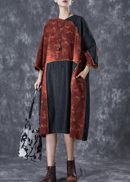 Orange Asymmetrical Denim Patchwork Linen Dress Summer