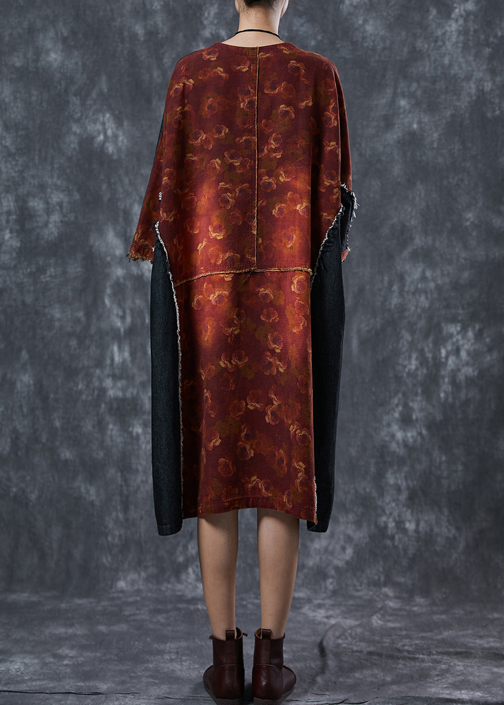 Orange Asymmetrical Denim Patchwork Linen Dress Summer
