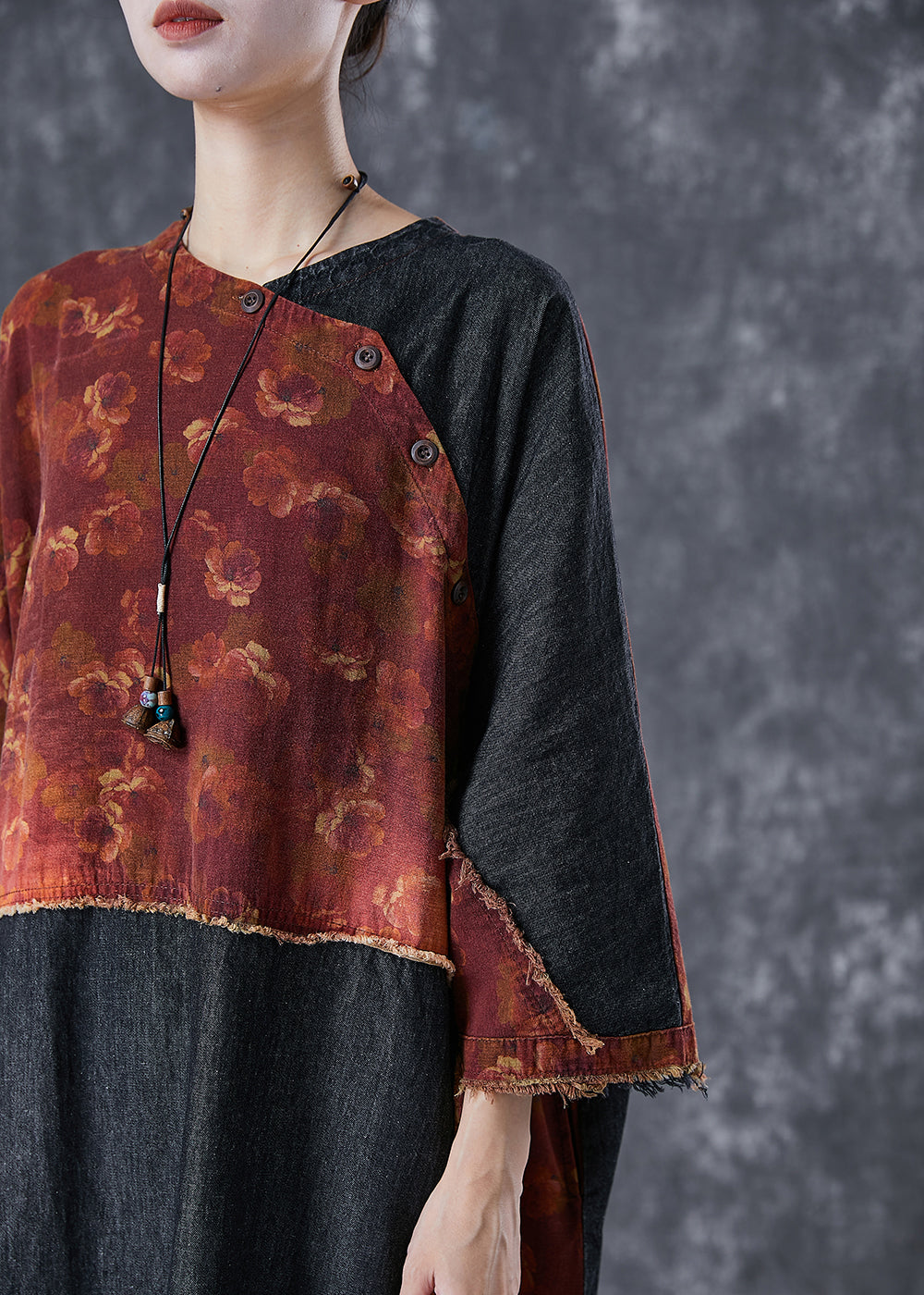 Orange Asymmetrical Denim Patchwork Linen Dress Summer