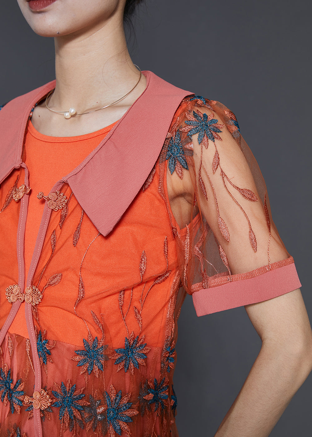 Orange Embroidered Patchwork Tulle Dresses Two Piece Set Summer