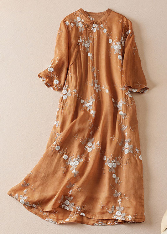 Orange Embroideried Chinese Button Patchwork Linen Dress Summer