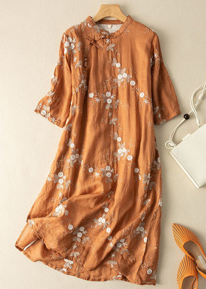Orange Embroideried Chinese Button Patchwork Linen Dress Summer