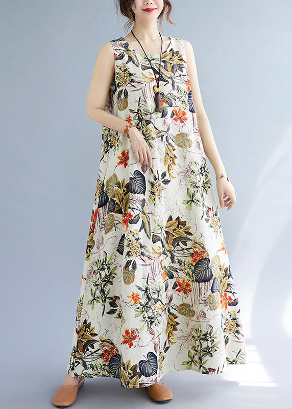Orange Leaves Print O-neck Short Sleeve Bohemia Pleated Maxi Dress