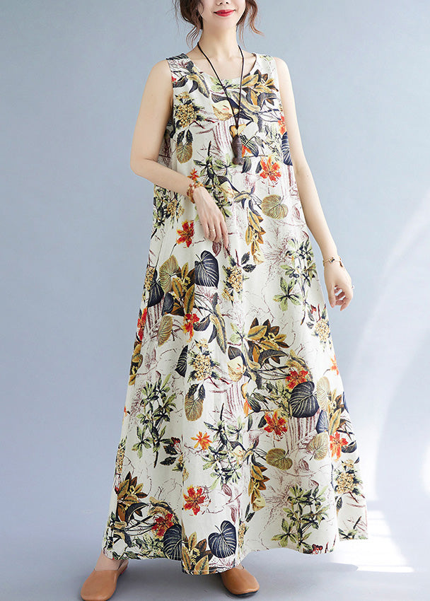 Orange Leaves Print O-neck Short Sleeve Bohemia Pleated Maxi Dress