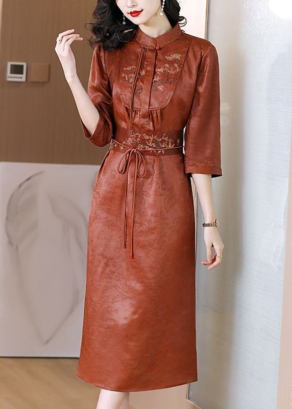 Orange Mandarin Collar Cinched Silk Dresses Half Sleeve