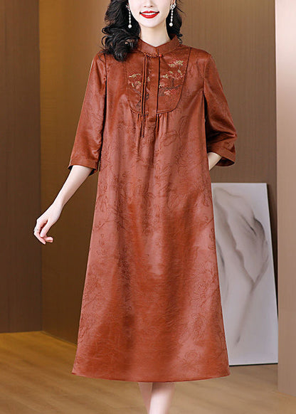 Orange Mandarin Collar Cinched Silk Dresses Half Sleeve