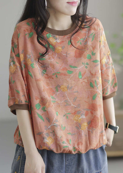 Orange O Neck Patchwork Cotton T Shirt Top Summer