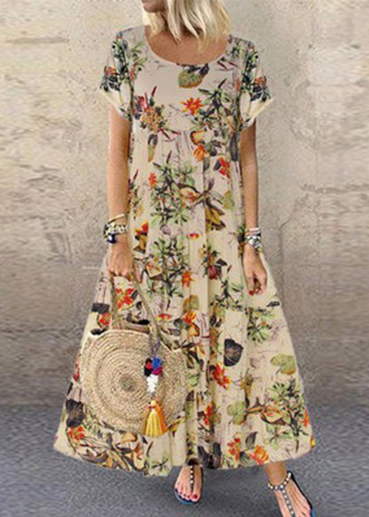 Orange O-neck Print Patchwork Maxi Dress Short Sleeve