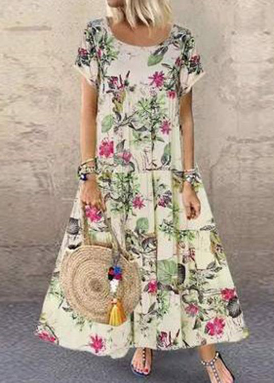 Orange O-neck Print Patchwork Maxi Dress Short Sleeve