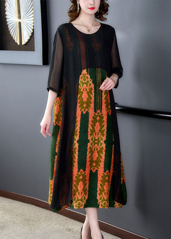 Orange O Neck Print Patchwork Silk Dress Summer