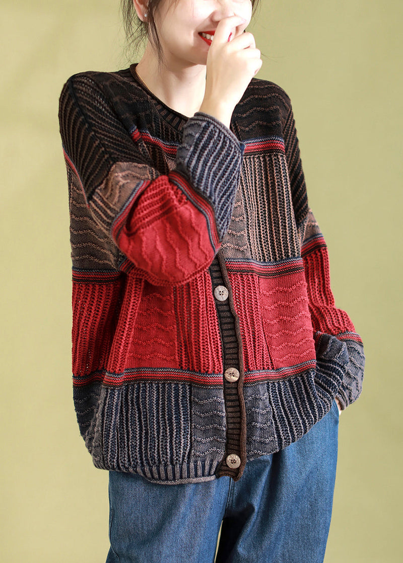 Orange O-neck Striped Patchwork Button Cotton Knit Cardigan Spring