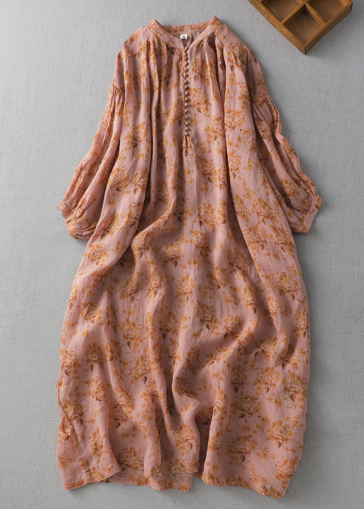 Orange Print Button Patchwork Linen Long Dresses Summer