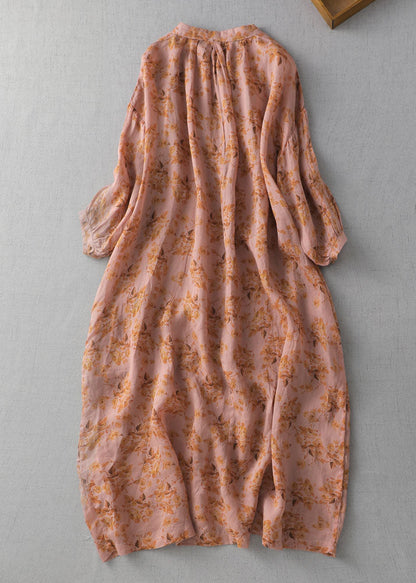 Orange Print Button Patchwork Linen Long Dresses Summer