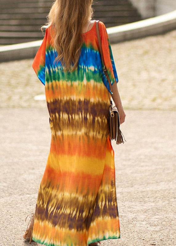 Orange Side Open Print Long Beach Dresses Short Sleeve