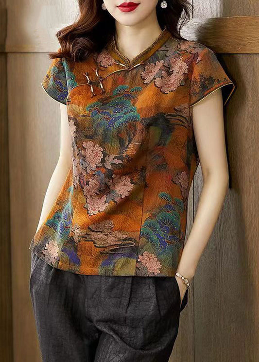 Orange Stand Collar Print Button Silk T Shirts Summer