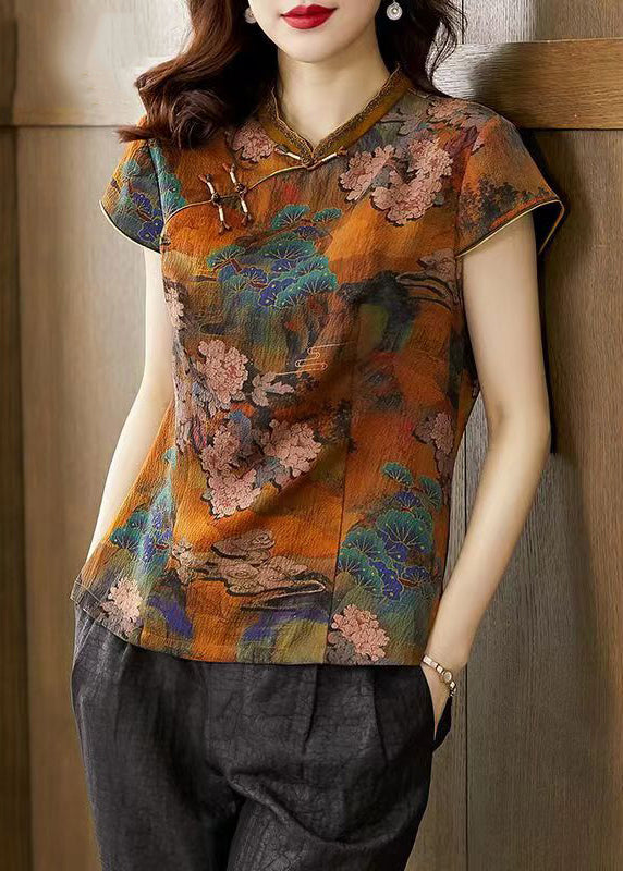 Orange Stand Collar Print Button Silk T Shirts Summer