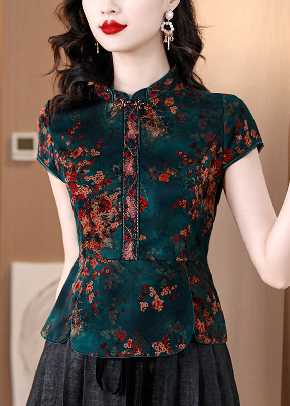 Orange Stand Collar Print Silk Shirts Summer