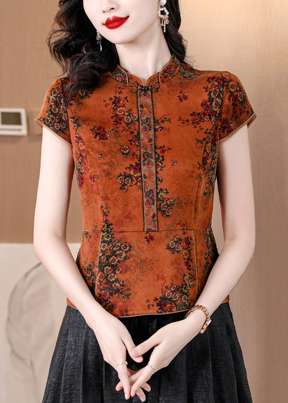 Orange Stand Collar Print Silk Shirts Summer