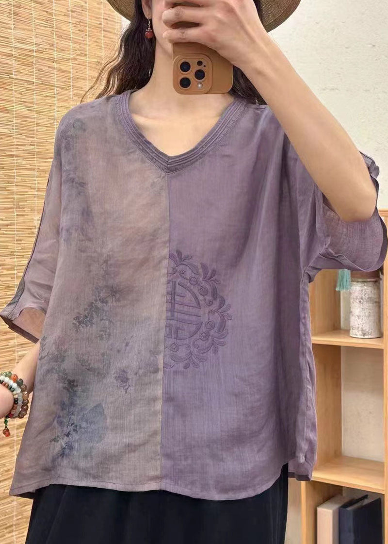 Orange V Neck Embroidered Print Patchwork Linen Shirt Tops Summer