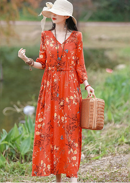 Orange V Neck Print Cotton Linen Party Dress Bracelet Sleeve