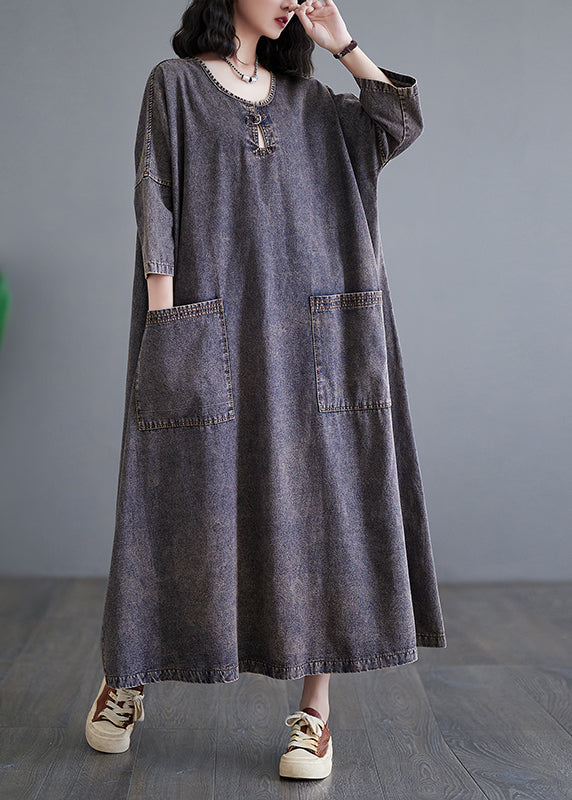 Patchwork Pockets Holiday Denim Long Dress Bracelet Sleeve