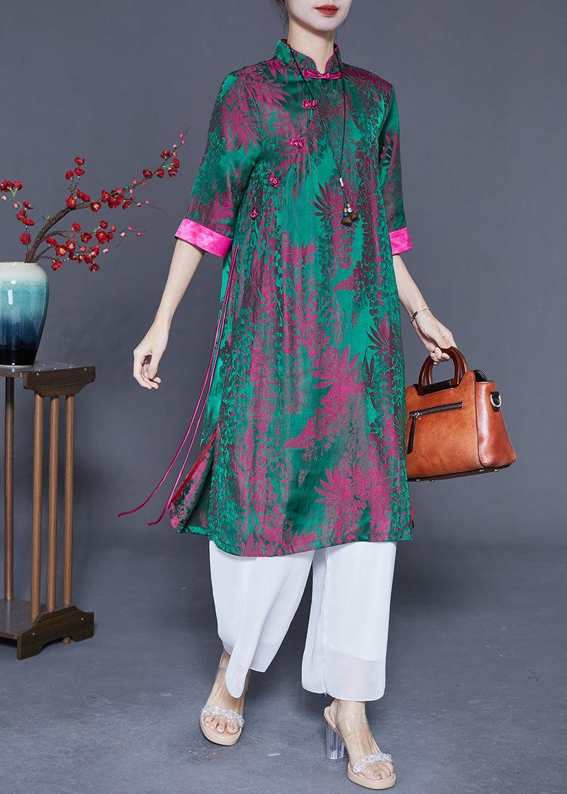Peacock Green Print Side Open Silk Dress Summer